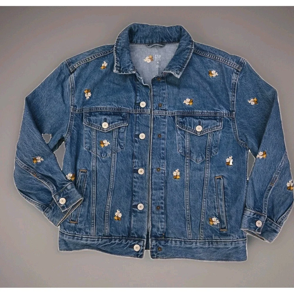 Gap Original  Denim‎ Jean Jacket Embroidered Flowers Sz XL